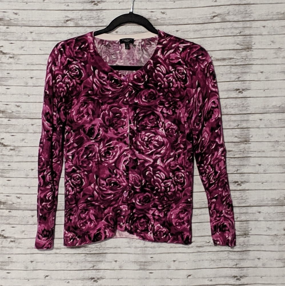 🦋 Talbot's Womens Sz:SP Fusia Rose print Cardigan
